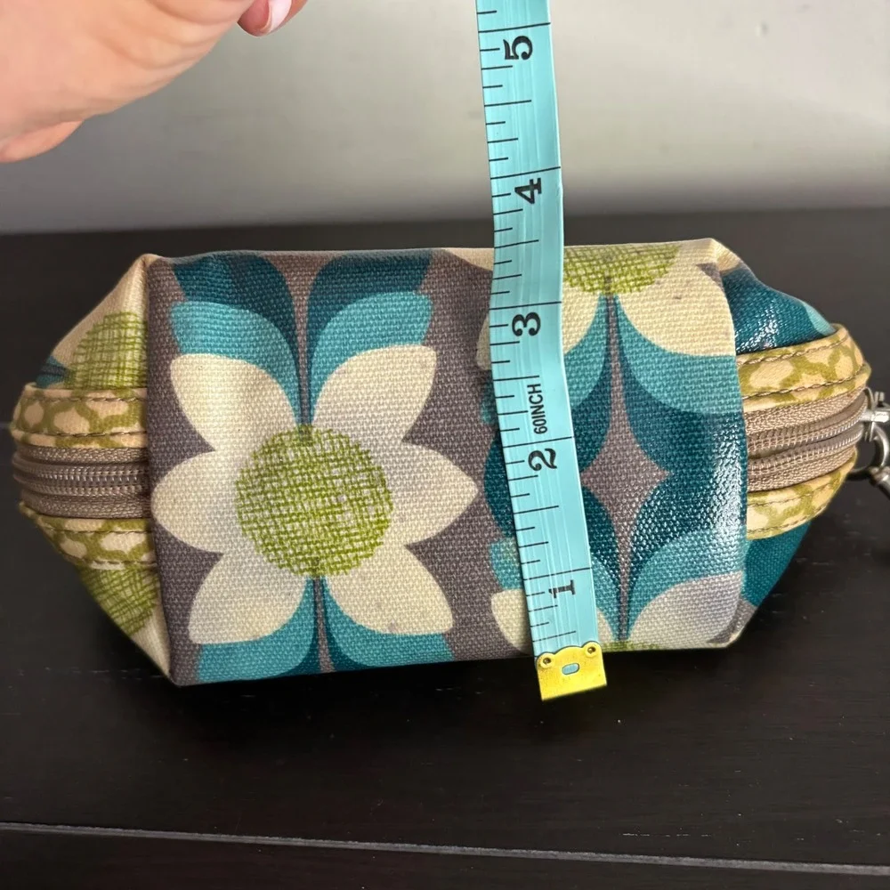 Fossil Key-Per | Retro Floral Coated Canvas Cosmetic Makeup Bag | Teal Green